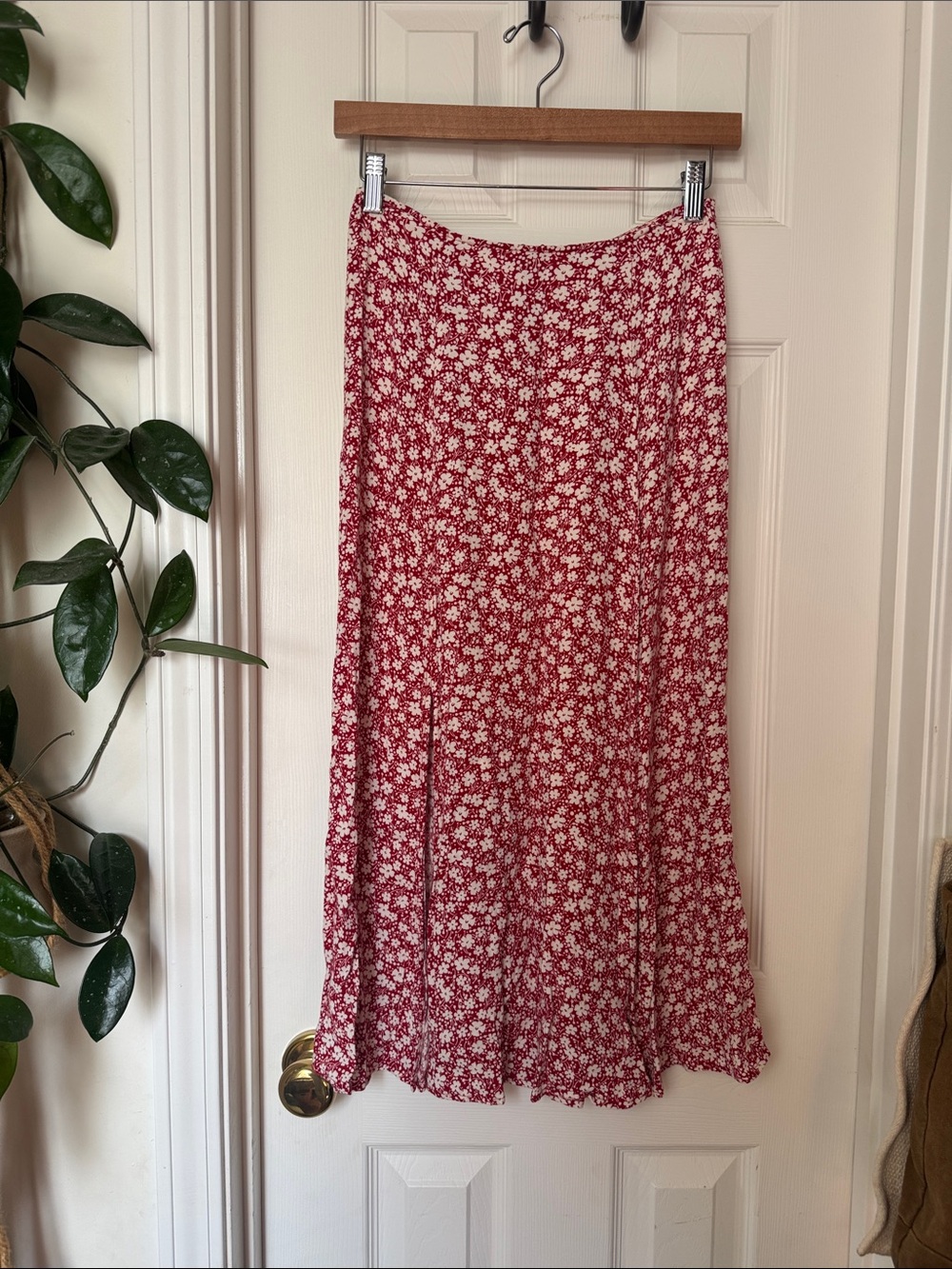 Reformation Red Midi Skirt with White Floral Print